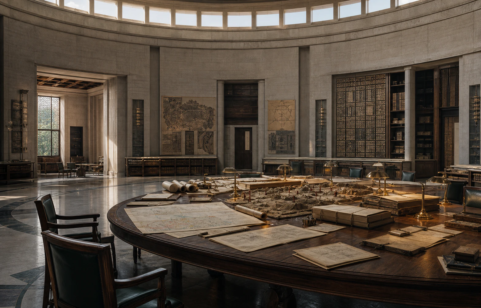 A constitutional chamber containing statutes, maps and a terrain model